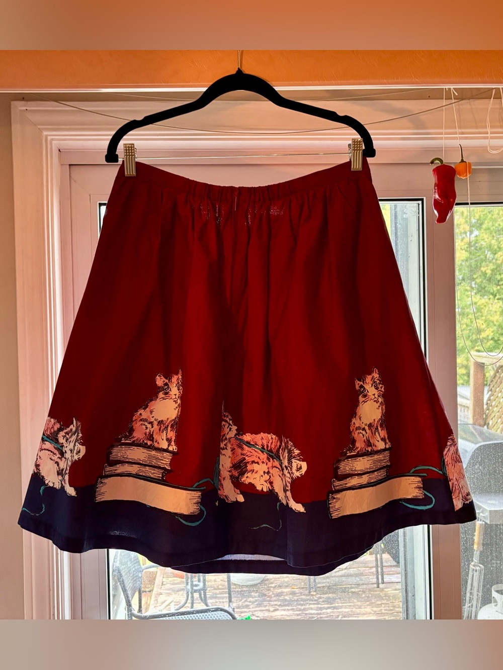 Modcloth Deep Red Circle Skirt with Cat Border